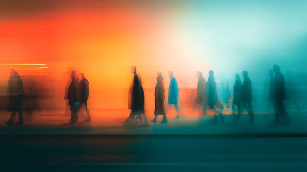 people, abstract, blurry, motion, movement, walking, figure, crowd, color, vibrant, orange, blue, blurred, anonymous, pedestrian, rush, hour, city, urban, street, lifestyle, modern, contemporary, ai generated
